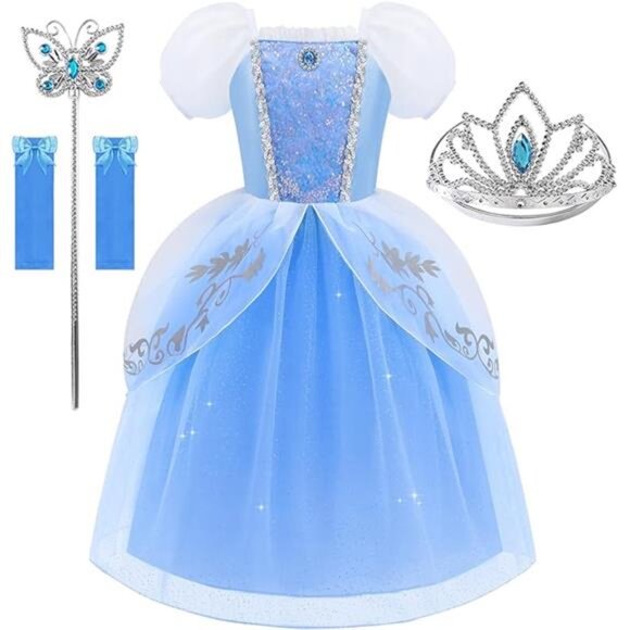 Princess Dress for Girls Puff Sleeves Princess Costume Blue Fancy Dress Up for - Picture 7 of 7